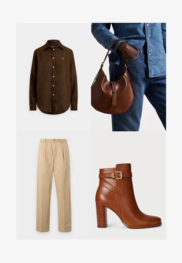 Cămașă maro din pânză de in, cu guler clasic, mâneci lungi, închidere cu nasturi în față și un mic logo brodat pe partea stângă a pieptului.; Pantaloni bej cu croială dreaptă, cu curea, nasture frontal, închidere cu fermoar și pliseuri la talie, expuși pe un fundal simplu.; Botină din piele maro, cu vârful rotund, detaliu cu cataramă aurie pe curea și toc din lemn texturat. Finisaj neted și design elegant.; Geantă hobo din piele maro, cu o formă rotunjită, având un accent din hardware aurie și cusături în contrast. Asortată cu o cămașă din denim și blugi.