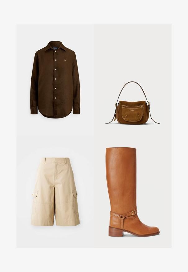 Barna vászon ing klasszikus gallérral, hosszú ujjakkal, gombos elülső résszel és egy kis, hímzett logóval a bal mellkason.; Beige cargo rövidnadrág könnyű anyagból, két oldalsó zsebbel, sima elülső résszel és laza szabással.; Magas, barna bőrcipők sima felülettel, oldalán csatos pánttal és rétegelt sarkal. A felsőrész letisztult, díszítés nélküli dizájnnal rendelkezik.; Suede barna válltáska ívelt formával, eltérő varrással, aranyszínű fémrészekkel és cipzáras elülső zsebbel.