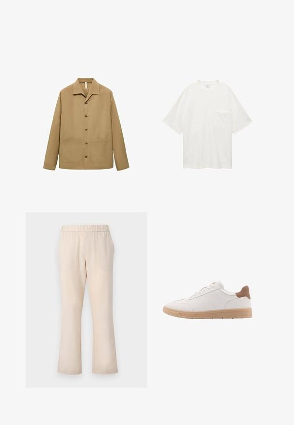 Khaki arbejdjakke med lige snit, spredt krave, frontknapper, to store lommer og glat stofstruktur.; Hvid kortærmet t-shirt lavet af bomuld, med rund hals og en lille frontlomme. Glat tekstur og afslappet pasform.; Beige bukser med udflarede ben, elastisk talje, to frontlommer og en glat bomuldsstruktu. Ingen synlige mønstre eller hardware.; Hvide lædersneakers med en glat finish, tan hælindlæg og en beige gummisål. Har flade snørebånd og enkle sidesyninger.