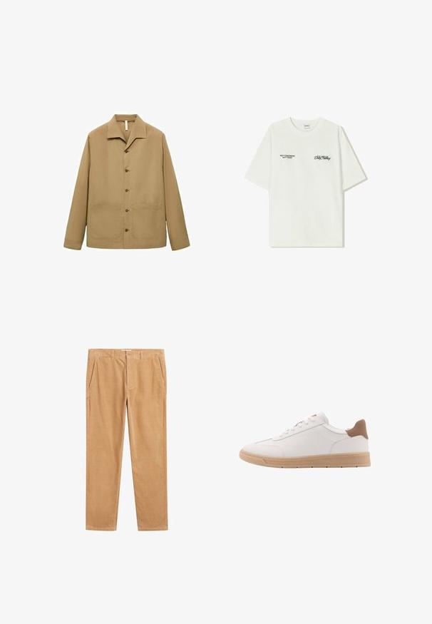 Khaki work jacket with a straight cut, spread collar, front buttons, two large pockets, and smooth fabric texture.; White cotton t-shirt with short sleeves. Front features black text: “NOT TOMORROW NOT TODAY” and “THE ART OF DIRT NOVING” in green script.; Light brown corduroy trousers with a straight-leg cut, featuring side pockets and a smooth texture. No visible patterns or accents.; White leather sneakers with a smooth finish, tan heel accents, and a beige rubber sole. Features flat laces and simple side stitching.