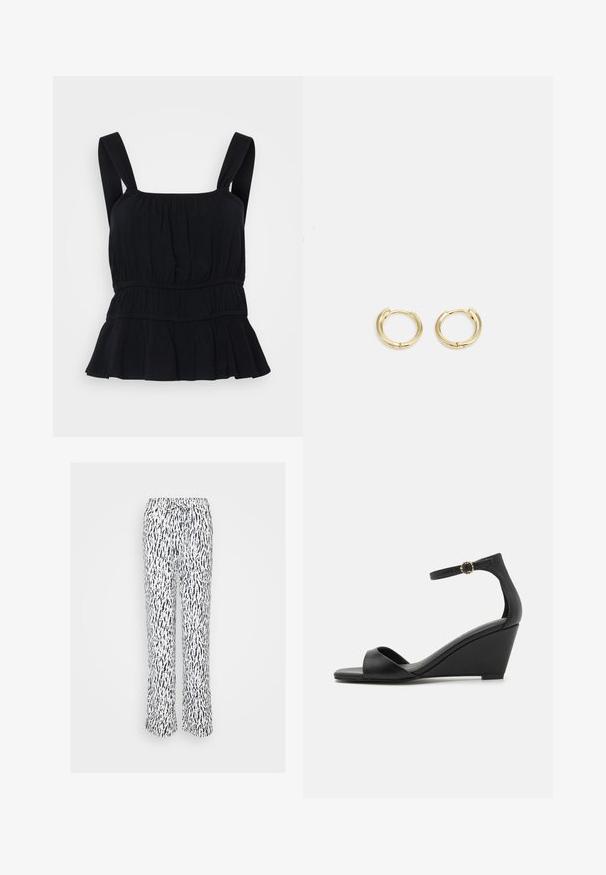 Juodas be rankovių topas su plačiomis petnešomis, susiraukšlėjusia tekstūra, elastinga juosmens juosta ir plazdančiu peplumo kraštu. Pagamintas iš minkštos, elastingos medžiagos.; Baltos kelnės su tamsiai mėlynu abstrakčiu raštu, su elastingu juosmeniu ir reguliuojamu raišteliu. Tiesios kojos dizainas su laisvu pritaikymu.; Juodos pakulnės šlepetės su lygiu, matinio odos viršumi, atvirais pirštais ir lieknu kulkšnies dirželiu su dekoratyvine sagtimi.; Auksiniai auskarai su sklandžiu, apvaliu dizainu. Savybės: mažas uždarymo mechanizmas, lengvas įvaizdis ir poliruotas paviršius.