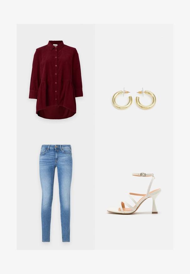 Bordeaux-farbene Cordhemd mit klassischem Kragen, Knopfleiste und Dreiviertelärmeln; verfügt über einen Peplum-Saum und strukturiertes Gewebe.; Slim-Fit hellblaue Jeans im Denim-Stil mit mittelhohem Bund, vorderem Knopf und Fünf-Taschen-Design.; Weiße Riemchen-High Heelsandale mit Knöchelriemen, glatter Textur, quadratischer Zehenpartie und skulptiertem Absatz. Helle, beigem behaute Innensohle.; Goldene Creolen mit einer glatten, glänzenden Oberfläche. Zirkuläres Design mit einem kleinen Stecker und einer klaren Rückseite für einen sicheren Sitz.