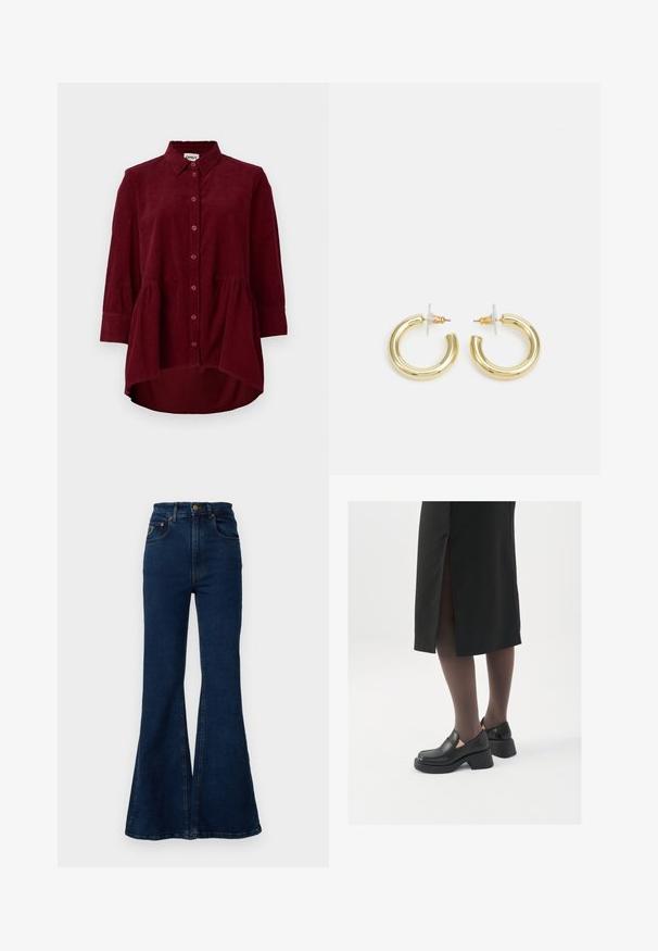 Burgundi värvi kootud särk klassikalise krae, nööbiga esiosaga ja kolmeveerandi varrukatega; omab peplumi alumist serva ja tekstuurset kangast.; LOIS Jeans PALAS - Bootcut-teksad - stone whiskers; Mustad mustad jalatsid ümmarguse varbaga, paksu plokkniidi ja elastsete külgdetailidega, kombineeritud tumedate sukkade ja musta lõhikuga seelikuga.; Kuldne rõngassõrmused sileda ja läikiva viimistlusega. Ringikujuline disain, millel on väike post ja selge tagumine külg, et tagada kindel kandmine.