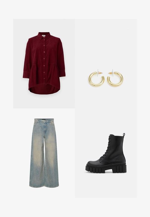 Camisa de côr bordô em veludo cotelê com colarinho clássico, fecho dianteiro em botões e mangas de três quartos; apresenta uma bainha peplum e tecido texturizado.; Calças de ganga largas de tom azul claro, com cintura alta, dois bolsos frontais e acabamento desbotado com costura visível.; Bota ankle de couro preto com sola robusta e estriada, frente com atacadores e alça na parte de trás, sobre fundo branco liso.; Brincos em argola dourados com um acabamento liso e brilhante. Design circular com um pequeno pino e suporte transparente para um uso seguro.