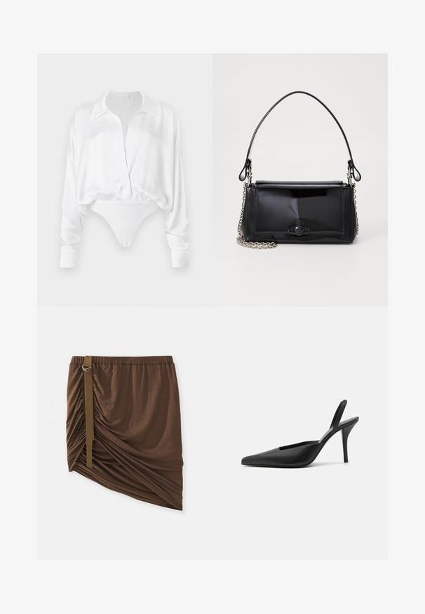 Blouse en satin blanc à manches longues avec un devant boutonné, coupe décontractée et design court se prolongeant en bas en body. Texture lisse.; Jupe marron à mi-mollet en tissu doux et léger ; elle présente des détails froncés et une sangle latérale avec un accent en anneau métallique.; Chaussures à talons noires à bride arrière avec un bout pointu, en cuir lisse, et un design épuré et minimaliste. Talon aiguille haut.; Sac à main en cuir verni noir de forme rectangulaire, avec une chaîne en bandoulière et un accent matériel distinctif au centre. Texture lisse.