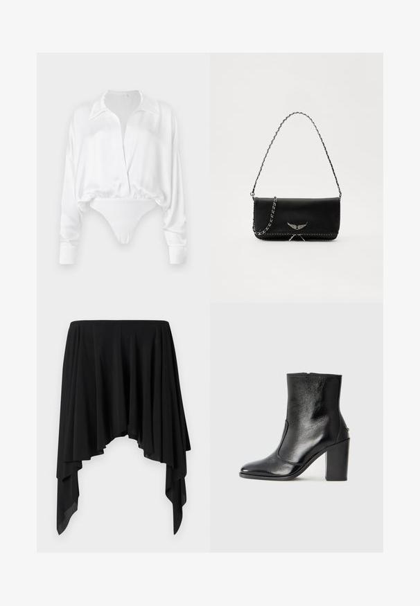 Blusa blanca de satén de mangas largas con cierre de botones en la parte delantera, corte relajado y diseño recortado que se fusiona con una parte inferior tipo body. Textura suave.; Falda asimétrica negra hecha de tela suave, con capas drapeadas y una cinturilla ancha, creando una silueta fluida.; Botín negro de cuero con textura suave, puntera puntiaguda y un tacón alto y robusto. Presenta una apertura lateral y un diseño minimalista.; Bolso de mano de cuero negro con una correa de cadena plateada, que presenta acentos decorativos en forma de alas y costuras blancas a lo largo de la costura inferior.