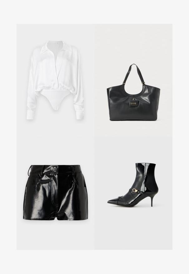 Bela satenasta bluza z dolgimi rokavi z gumbom na sprednji strani, sproščenega kroja in skrajšanim dizajnom, ki se združuje s spodnjim delom bodysuita. Gladka tekstura.; Črne, sijoče kratke hlače iz sintetičnega materiala. Imajo prilegajoč pas, zanke za pas in sprednje žepe z izrazitimi šivi.; Črne lakirane gležnjarje z ostrim nosom, tankim peto in dvema tankima trakoma z zlatim detajlom s sponko. Gladka, sijoča površina.; Črna usnjena torba z visokim sijajem, ukrivljenim vrhom, dvema naramnicama in zlatim okrasom spredaj.
