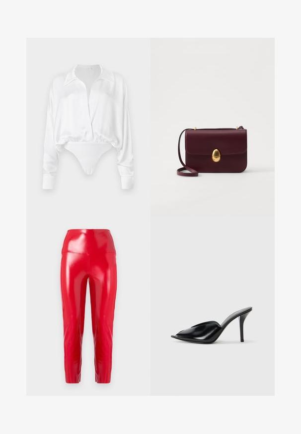 Bela satenasta bluza z dolgimi rokavi z gumbom na sprednji strani, sproščenega kroja in skrajšanim dizajnom, ki se združuje s spodnjim delom bodysuita. Gladka tekstura.; Rde hlače z visoko pasom, izdelane iz sijočega, raztegljivega materiala. Imajo ožje noge in gladko, sijočo teksturo brez vidnih šivov ali okraskov.; Črne usnjene mule s visokimi petami, odprto nosilo, bodičast dizajn, gladka tekstura in ozka stiletnica.; Burgundska usnjena torbica čez ramo z gladko teksturo, ovalnim zlatim sponko in nastavljivim trakom, ki ima preprost pravokoten obliko.
