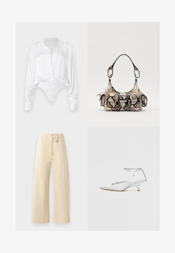 Balts satīna krekliņš ar garām piedurknēm, ar pogām priekšpusē, brīvā piegriezumā un īsajā dizainā, kas saplūst ar bodijam līdzīgu apakšdaļu. Gluda tekstūra.; Bēšas platmala džinsu bikses, izgatavotas no kokvilnas, ar metāla āķa detaļu, piecām kabatām un gludu, nedaudz teksturētu apdari.; Balti, ar purngala formu, vidēja augstuma papēža mule ar pēdas potītes siksniņu, kas rotāta ar rhinestona detaļām uz vienkā plakana fona.; Python-print rokassoma bēšā un melnā krāsā ar strukturētu formu, sprādzi un divām plecu siksnām. Tekstūrēta virsma.