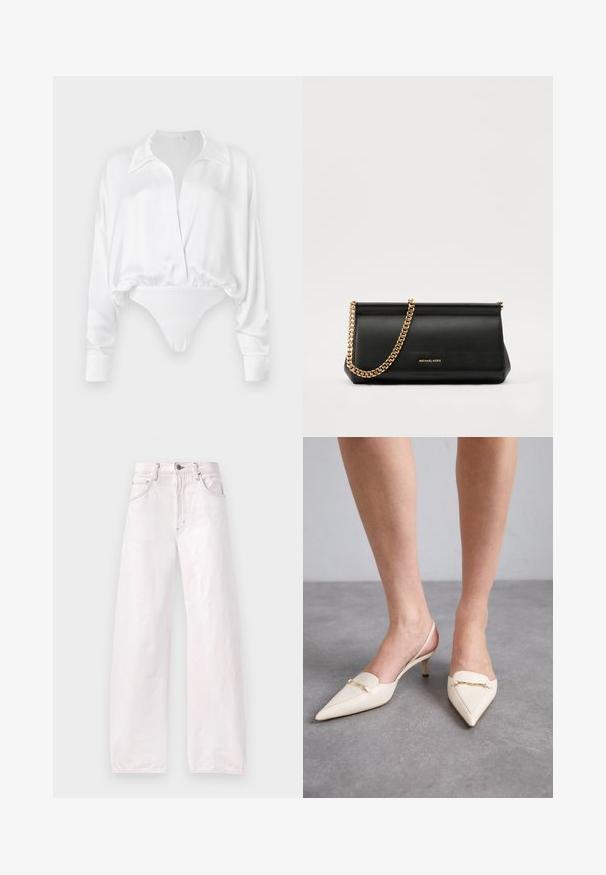 Balta satino ilgarankovė bluzė su sagų užsegimu priekyje, laisvas kirpimas ir sutrumpintas dizainas, sujungiantis su bodžio apačia. Lygus paviršius.; Plačios kojos džinsai šviesiai rožinės spalvos džinsinio audinio, su aukštu liemeniu, penkių kišenių dizainu ir subtiliais siuvinėjimo detalėmis prie siūlių.; Kremo spalvos, smailėtų pirštų slingback aukštakulniai su plonu vidutinio aukščio kulnu, kurių priekyje yra auksinė grandinė ir švelni odos tekstūra.; Juodas odinis delninukas su auksine grandine, turintis lygų paviršių, stačiakampį išmatavimą ir įspaustą prekės ženklą priekyje.