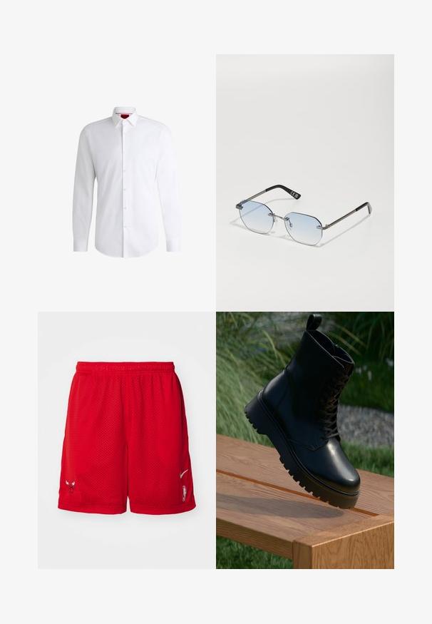 Cămașă albă cu butoni din material neted, cu guler clasic, mâneci lungi și tiv curbat. Prezintă nasturi bej în partea din față.; Shorts de baschet roșii din plasă cu talie elastică, având logo-ul Bulls și emblema NBA pe părți opuse. Material ușor și respirabil.; Cizme negre din piele, până la gleznă, cu suprafață texturată, șireturi în față și talpă chunky, cu striații. Expuse pe o suprafață de lemn cu un fundal de iarbă.; Privé Revaux TRACK STAR UNISEX - Ochelari de soare - grey
