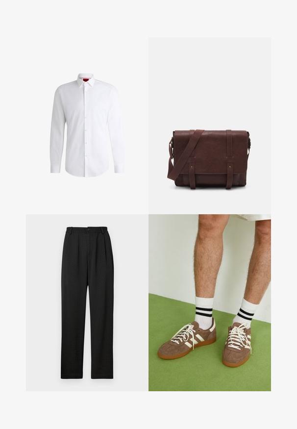 White button-up shirt made of smooth fabric with a classic collar, long sleeves, and a curved hem. Features beige buttons on the front.; Black trousers with a textured pattern, featuring a wide waistband with a button and front pleats for a tailored fit. Straight leg design.; Brown suede sneakers with white accents and laces. Rubber gum sole. Worn with white socks featuring black stripes. Green textured flooring.; Brown leather messenger bag with a flat front flap, two straps, gold hardware accents, and an adjustable shoulder strap.