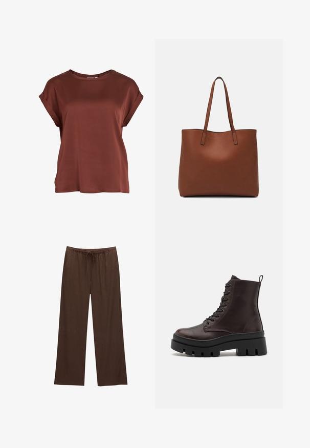 Top marrone a maniche corte realizzato in tessuto liscio. Presenta una scollatura rotonda e polsini risvoltati, con una vestibilità ampia e senza motivi o accessori visibili.; Pantaloni larghi marroni realizzati in tessuto morbido, con vita elastica e cordoncino, e due tasche laterali.; Stivali alla caviglia in pelle marrone con punta rotonda, suola nera spessa e dettagli con lacci. Presentano un anello sul retro per indossarli facilmente.; Borsa tote in pelle marrone con texture liscia, design con apertura superiore e due spallacci. Presenta cuciture minime e nessun hardware visibile.