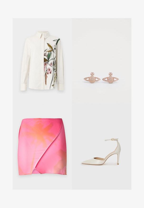 Košile na knoflíky s vertikálními pruhy, krémová barva, s květinovým vzorem na jedné straně. Dlouhé rukávy a klasický límec. Hladký materiál.; Sukně s růžovým gradientem, vyrobená z hladké, elastické tkaniny s ombré efektem přecházejícím od živé růžové k jemné oranžové. Jednoduchý design pasu.; Bílé kožené lodičky na vysokém podpatku s špičatou špičkou, kotníkovým páskem a štíhlým jehlovým podpatkem. Hladká textura s mírným lesklým povrchem.; Náušnice z růžového zlata s geometrickým designem, který obsahuje kruhové akcenty a motiv kříže, zdobené malými čirými krystaly.