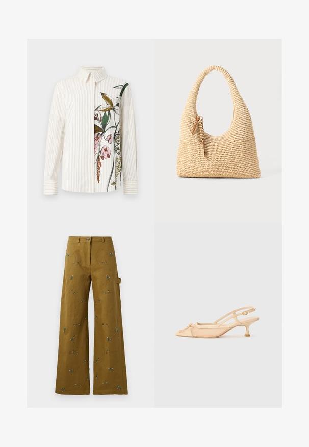 Knopenoverhemd met verticale strepen, crème kleur, met een bloemenontwerp aan één kant. Lange mouwen en klassieke kraag. Soepele textuur.; Wijde broek van olijfgroen stof met bloemenborduursels. Voorzien van een knoopsluiting en zijzakken. Textuurdetail in de stiching overal.; Stuart Weitzman KITTY - Klassieke pumps - beige/barely beige; Geweven beige handtas met een gebogen handvat, textuur oppervlak en een bruine kwastdetail. Heeft een slonzige, hobo-vorm.