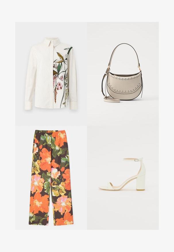 Hemd mit Knopfverschluss und vertikalen Streifen in Cremefarbe, mit einem floralen Design auf einer Seite. Lange Ärmel und klassischer Kragen. Glatte Textur.; Stine Goya FATOU STRUCTURE STRETCH - Stoffhose - summer night; Weißes Leder-Sandale mit Blockabsatz, die ein Knöchelriemen mit einer Schnalle und ein minimalistisches Design aufweist. Offene Zehen und glatte Texturen im gesamten Design.; Vanessa Bruno MINI DAILY BAG - Handtasche - ivoire