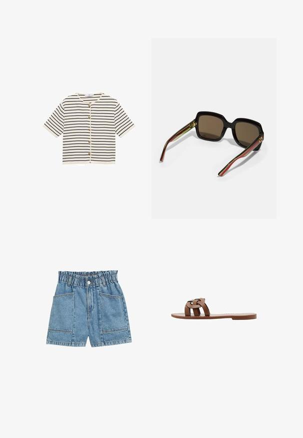 Prugasta kratka kardigan s kratkimi rokavi v kremni barvi z mornarsko modrimi črtami, z okroglim izrezom in gumbom v zlatem tonu ob sprednjem odpiranju.; Jean kratke hlače z elastikami v pasu, svetlo modre barve, s štirimi žepi in vidnim šivom ob šivih.; Rjave ravne sandale iz sintetičnega materiala z obliko pletenega trakove in gladkim, ravnim podplatom. Brez pete, minimalistična estetika.; Črne prevelike sončna očala s rjavimi lečami. Imajo edinstvene črtaste ročke v zeleni in rdeči barvi, ter zlato kovinsko opremo. Kvadratna oblika.