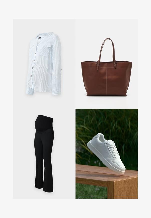 Light blue striped button-up shirt with long sleeves, two chest pockets, and roll-up sleeves secured by buttons. Soft, lightweight fabric.; ONLY MATERNITY OLMPAIGE - Trousers - black; White sneaker with a smooth synthetic upper, perforated toe box, flat laces, and a textured sole, displayed on a wooden surface.; Brown leather tote bag with double handles, features contrast stitching and a spacious design, suitable for everyday use.