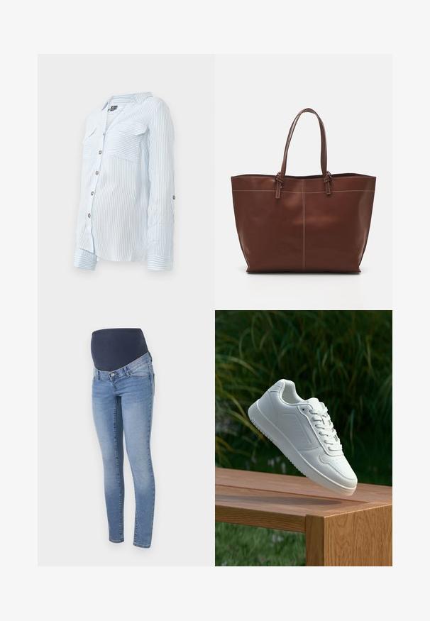 Camisa de botão riscada azul claro com mangas longas, dois bolsos no peito e mangas arregaçadas fixadas por botões. Tecido suave e leve.; Jeans de maternidade em denim azul claro com uma cintura elástica preta, apresentando um design ajustado e estilo clássico de 5 bolsos.; Sapatilha branca com um cabedal sintético liso, caixa dos dedos perfurada, atacadores planos e uma sola texturizada, exposta sobre uma superfície de madeira.; Sacola Tote de couro castanho com alças duplas, apresenta costura em contraste e um design espaçoso, adequada para o uso diário.
