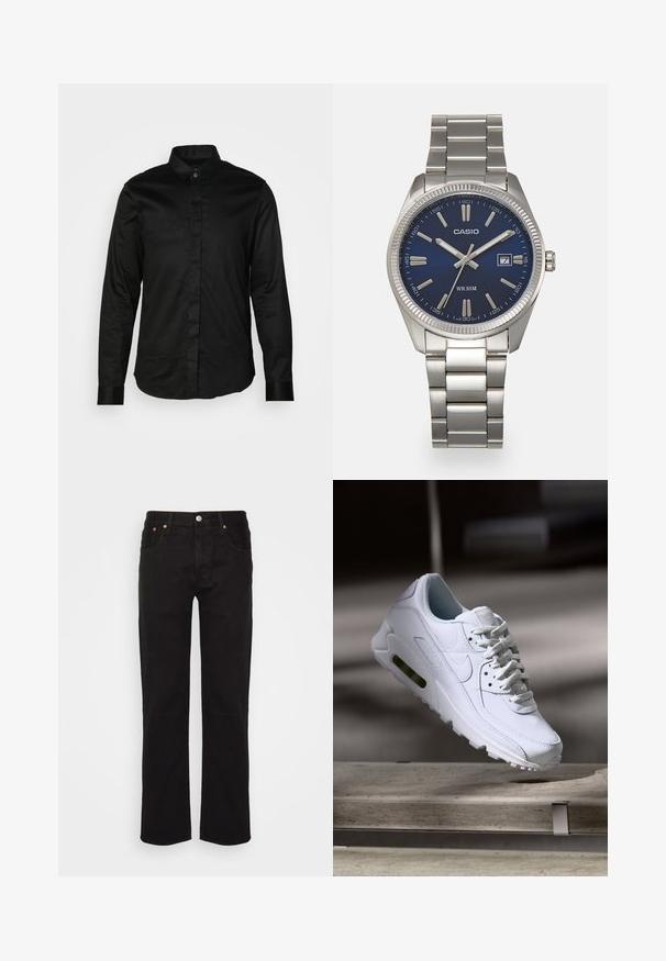 Černá dlouhá rukávová košile z hladkého materiálu, s límcem, knoflíkovým zapínáním vpředu a kontrastními manžetami. Žádné viditelné vzory ani grafika.; Černé rovné džíny vyrobené z bavlny. Mají pět kapes, kovový knoflík a oranžové prošívání na přední straně.; Bílé kožené tenisky s texturovanými povrchy, polstrovaným límcem a viditelným vzduchovým odpružením v podešvi. Mají tkaničky a minimalistický design.; Stříbrný nerezový náramkový hodinky s navy modrým ciferníkem, kovovými hodinovými značkami a oknem pro datum na hodině 3. Vodotěsné do 50 metrů.