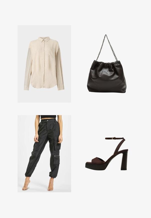 Paita napituksessa vaaleanvalkoisesta kankaasta, jossa on ohuita pystysuoria raitoja. Varustettu kauluksella, pitkillä hihoilla ja etutaskulla. Pehmeä rakenne.; Mustat cargo-housut, jotka on valmistettu kevyestä kankaasta, sisältävät useita taskuja, joustavat hihnat sekä sivutaskun vetoketjulla lisätoiminnallisuutta varten.; Ruske kožne sandale s visokom potpeticom, otvorenim prstima, podesivim kopčanjem oko gležnja i prugastim platformskim đonom.; Ruskea nahkainen laukku, jossa on kerätty yläosa ja ketjuhihna. Tasainen pinta, jossa kiiltävä viimeistely ja hienovaraiset sauman yksityiskohdat sivuilla.