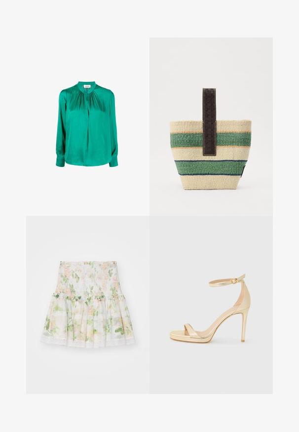 Blouse en satin vert avec un col rond, un devant plissé et de longues manches à poignets boutonnés. Le tissu a une texture lisse et brillante.; Jupe à imprimé floral en tissu léger. Présente une taille smockée, un ourlet à volants et des accents en dentelle. Les couleurs incluent le rose, le vert et le blanc.; Sandale à talons hauts en métal doré avec un bout ouvert, une bride à la cheville avec une boucle, et une semelle plate-forme pour plus de hauteur. Texture lisse.; Sac en paille tissé avec des rayures vertes, bleues et oranges, doté d'une anse en cuir marron foncé avec des accents texturés pour une meilleure prise.