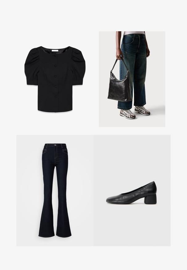 Black structured blouse with puff sleeves, round neckline, and a front button closure featuring fabric-covered buttons. Smooth texture.; Dark blue flared jeans with a high waist, made of denim. Features include front and back pockets and contrasting stitching.; Black leather pump with a rounded toe and mid-block heel. Smooth texture with minimal detailing, featuring a subtle elastic opening.; Black leather shoulder bag with a smooth texture and adjustable strap, paired with faded wide-leg jeans and athletic sneakers.