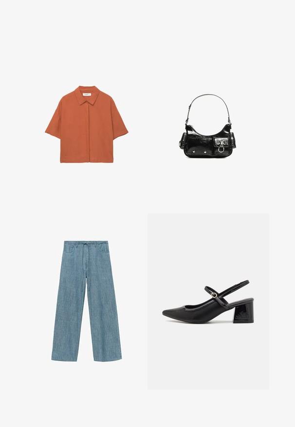 Košulja kratkih rukava u rust boji s ovratnikom i dugmadi na prednjoj strani. Izrađena od mekog, laganog materijala.; Svijetloplave prugaste hlače širokih nogavica s rastezljivim pojasom, koje imaju dva prednja džepa i mekani, teksturirani materijal.; Crne lakirane slingback visoke potpetice s šiljastim vrhom, zaobljenim izrezom i blok potpeticom. Sadrži akcent zlatnog tona s kopčom.; Crna patentna kožna torba s zakrivljenim oblikom, jednim remenom za rame, prednjim džepovima i akcentima od srebrnog tona.