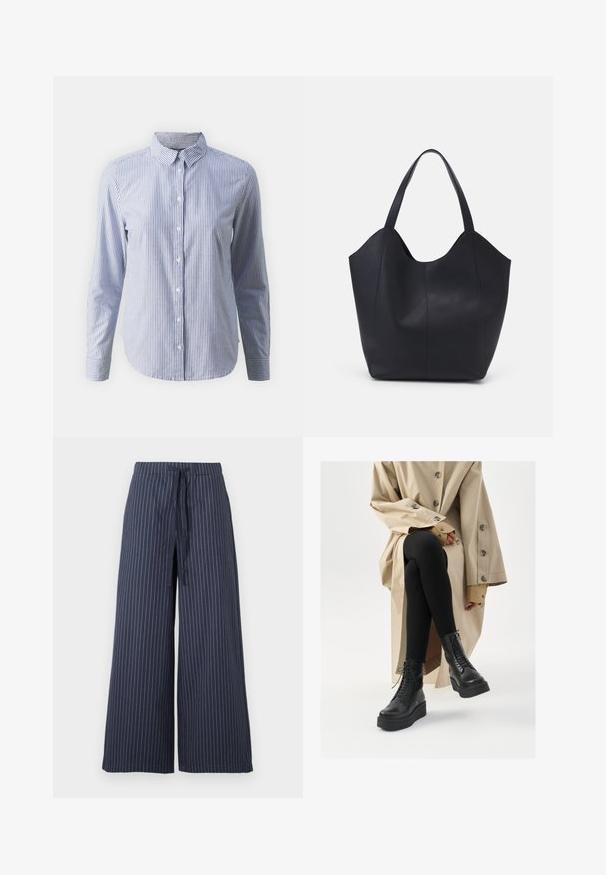 Chemise à boutons en bleu et blanc à rayures verticales ; manches longues, col et une texture en coton lisse avec un ourlet droit.; Pantalons à jambes larges en bleu marine avec des rayures verticales blanches. Fabriqués dans un tissu léger, avec une taille à cordon et une texture lisse.; Bottes noires en cuir à lacets, avec une semelle compensée, et un legging noir texturé, portées avec un trench beige clair.; Sac fourre-tout noir en cuir lisse, doté d'un haut ouvert et courbé avec deux brides d'épaule et un design minimaliste.