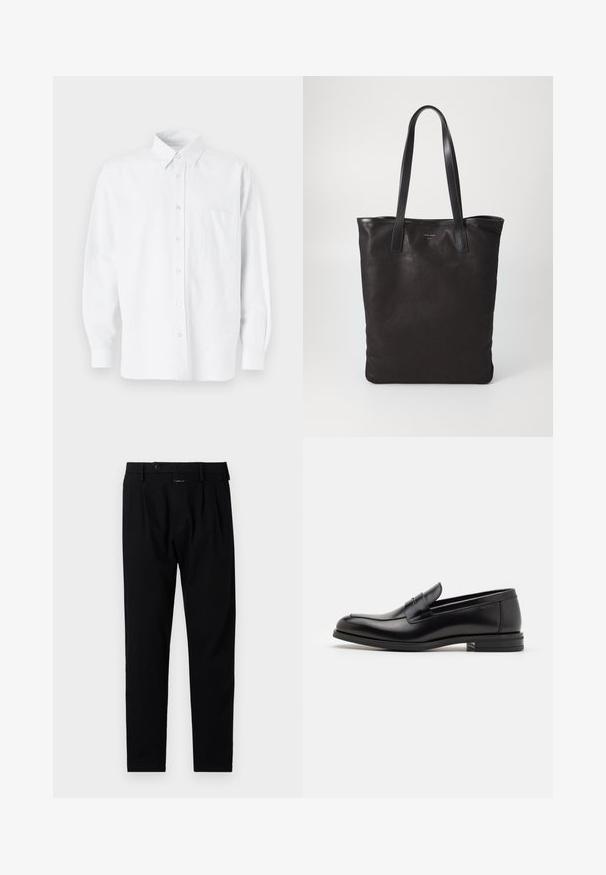 Weißes Hemd mit Knöpfen und Kragen, das dezente vertikale Streifen aufweist, lange Ärmel, eine Brusttasche und einen klassischen abgerundeten Saum hat.; Schwarze Hose mit maßgeschneidertem Schnitt, ausgestattet mit flachem Bund, einzelnen Falten und einem Knopfverschluss. Aus glattem Stoff gefertigt, geeignet für festliche Anlässe.; Schwarze Lederloafers mit glatter Textur, rundem Zehenbereich und einem dekorativen Riemen über dem Vorderfuß. Niedriger, gestapelter Absatz, minimalistisches Design.; Schwarze Stofftote mit schwarzen Ledergriffen. Einfaches Design, geräumiger Körper und glatte Textur. Keine sichtbaren Logos oder Muster.