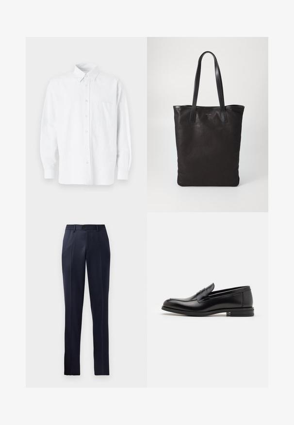 White button-up shirt with a collar, featuring subtle vertical stripes, long sleeves, a chest pocket, and classic rounded hem.; Navy blue trousers with a straight-leg design, elasticized waistband, flat front, and a single button closure. Smooth fabric texture.; Black leather loafers with a smooth texture, rounded toe, and a decorative strap across the vamp. Low stacked heel, minimalist design.; Black canvas tote bag with black leather handles. Simple design, spacious body, and a smooth texture. No visible logos or patterns.