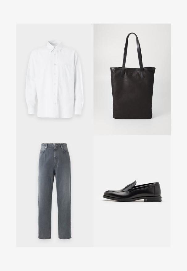 White button-up shirt with a collar, featuring subtle vertical stripes, long sleeves, a chest pocket, and classic rounded hem.; High-waisted, straight-leg jeans in faded gray denim, featuring five pockets, a button closure, and subtle fading on the fabric.; Black leather loafers with a smooth texture, rounded toe, and a decorative strap across the vamp. Low stacked heel, minimalist design.; Black canvas tote bag with black leather handles. Simple design, spacious body, and a smooth texture. No visible logos or patterns.