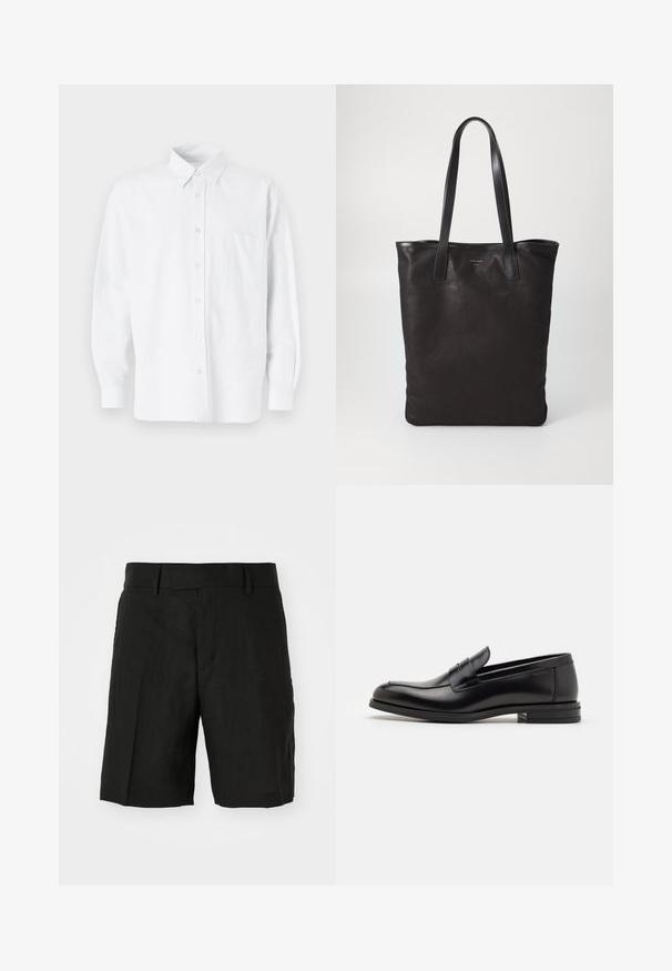 Biela košeľa s gombíkmi a golierom, s jemnými vertikálnymi prúžkami, dlhými rukávmi, vreckom na hrudi a klasickým oblým spodkom.; Čierne ľanové kraťasy s uvoľneným strihom, so plochým predným dielom, vreckami po stranách a stredne dlhým strihom. Viditeľná ľahká textúra.; Čierne kožené mokasíny s hladkou textúrou, zaoblenou špičkou a dekoračným pásikom cez priehlavok. Nízky vrstvený opätok, minimalistický dizajn.; Čierna plátená taška s čiernymi koženými ušami. Jednoduchý dizajn, priestranné telo a hladká textúra. Žiadne viditeľné logo ani vzory.