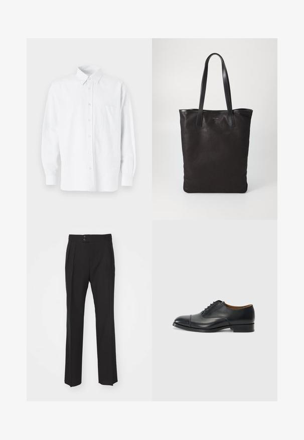White button-up shirt with a collar, featuring subtle vertical stripes, long sleeves, a chest pocket, and classic rounded hem.; Black tailored trousers featuring a straight leg design, two front pockets, and a double-button closure at the waistband. Smooth fabric texture.; Black leather dress shoe with a smooth finish, rounded toe, five eyelets for laces, and low block heel. Minimalist design with subtle stitching.; Black canvas tote bag with black leather handles. Simple design, spacious body, and a smooth texture. No visible logos or patterns.