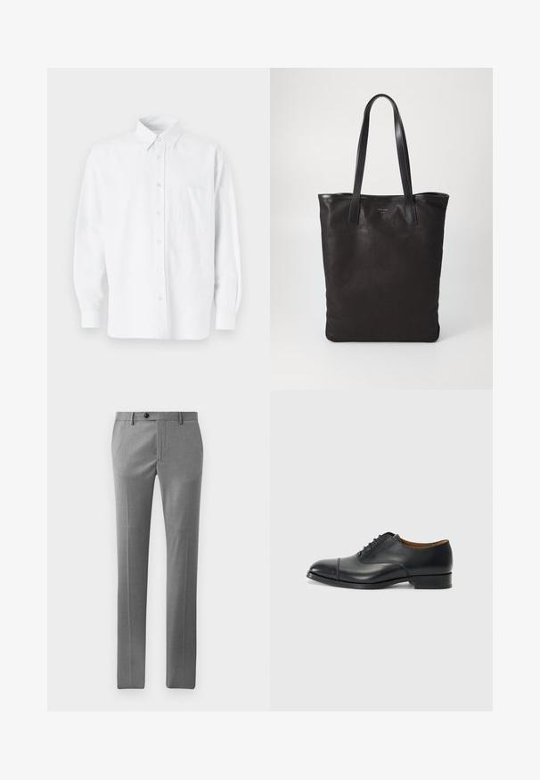 White button-up shirt with a collar, featuring subtle vertical stripes, long sleeves, a chest pocket, and classic rounded hem.; Light gray tailored trousers made of smooth fabric, featuring a straight cut, front crease, and a single button closure at the waist.; Black leather dress shoe with a smooth finish, rounded toe, five eyelets for laces, and low block heel. Minimalist design with subtle stitching.; Black canvas tote bag with black leather handles. Simple design, spacious body, and a smooth texture. No visible logos or patterns.