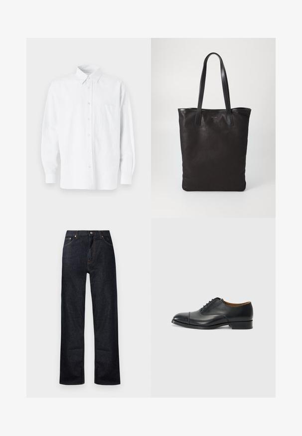 Valkoinen nappikauluspaita, jossa on hienovaraiset pystysuorat raidat, pitkät hihat, rintatasku ja klassinen pyöristetty helma.; Tummansiniset farkut suoran lahkeen muotoilulla, viidellä taskulla ja oranssilla ommeltyksellä. Metallinen nappi ja vetoketjukiinnitys.; Mustat nahkakengät, joissa on sileä pinta, pyöreä kärki, viisi rei'itystä nauhoja varten ja matala lohko korko. Minimalistinen muotoilu hienovaraisella ompelulla.; Mustat kangaskassit mustilla nahkahandleilla. Yksinkertainen muotoilu, tilava runko ja sileä pinta. Ei näkyviä logoja tai kuvioita.