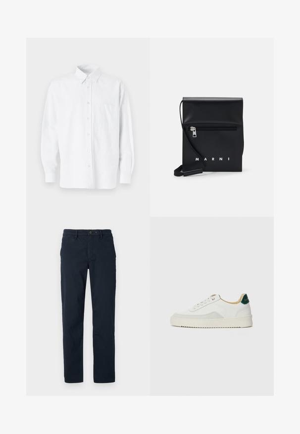 Chemise blanche à boutons avec col, présentant de légères rayures verticales, des manches longues, une poche poitrine et un ourlet arrondi classique.; Chinos en coton bleu marine avec une coupe droite, dotés d'une fermeture à bouton, de passants de ceinture et de poches latérales. Texture minimale, sans motifs.; Baskets blanches avec des accents en daim, bout arrondi, lacets plats et semelle en caoutchouc crème. Présente une marque verte sur le talon.; Sac à bandoulière en cuir noir avec une poche avant zippée, logo embossé et une bandoulière ajustable. Texture lisse avec une forme structurée.