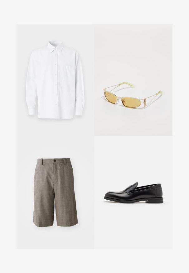 Chemise blanche à boutons avec col, présentant de légères rayures verticales, des manches longues, une poche poitrine et un ourlet arrondi classique.; Shorts gris à carreaux avec une coupe ajustée, dotés d'une fermeture à bouton à l'avant et de deux poches latérales. Fabriqués en tissu texturé.; Mocassins en cuir noir avec une texture lisse, bout rond et une sangle décorative sur le dessus. Talon bas empilé, design minimaliste.; Lunettes de soleil teintées de jaune avec une monture dorée translucide, de forme rectangulaire fine et des branches angulaires avec des accents vert clair.