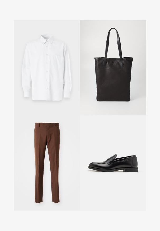Bela srajca z ovratnikom, ki ima subtilne navpične črte, dolge rokave, žep na prsih in klasičen zaobljen rob.; Rjave, krojene hlače z ravnim sprednjim delom, ravnimi nogami, gladko teksturo in zankami za pas. Brez vidnih vzorcev ali kovinskih podrobnosti.; Črne usnjene loafer čevlje z gladko teksturo, zaobljenim nosom in dekorativnim trakom čez zgornji del. Nizka zložena peta, minimalističen dizajn.; Črna platnena torba s črnimi usnjenimi ročaji. Preprost dizajn, prostorna notranjost in gladka tekstura. Brez vidnih logotipov ali vzorcev.