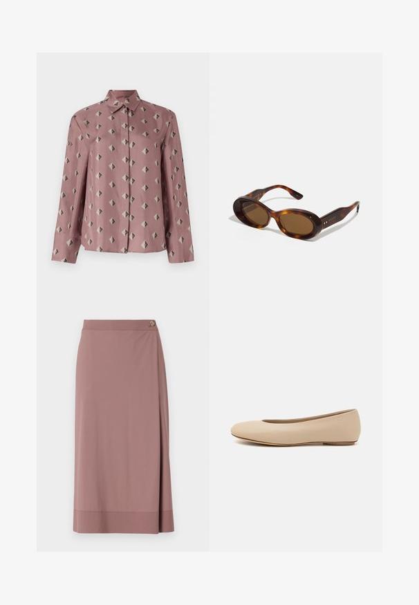 Beige Hemd aus weichem pink farbenem Stoff mit einem geometrischen Muster aus Rauten und Dreiecken in gedämpftem Grau und Schwarz. Lange Ärmel, klassischer Kragen.; Helle rosa knielange Rock aus glattem Stoff mit seitlichem Knopfdetail. Besitzt ein Wickeldesign und einen geraden Saum mit subtilen Abschlüssen.; Beige Leder-Ballerina mit runder Zehenform, minimaler Nahtgestaltung, niedrigem Absatz und dezentem Logo auf der Rückseite. Glatte, matten Oberfläche.; Schildpatt-Sonnenbrille mit ovalen Gläsern, braunem Farbton und goldenen Akzenten an den Bügeln. Dicke Rahmen mit glänzender Oberfläche und glatter Textur.