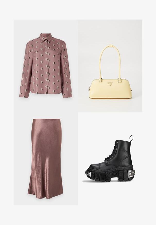 Camicia a bottoni in morbido tessuto rosa con un motivo geometrico di diamanti e triangoli in grigio e nero attenuato. Maniche lunghe, colletto classico.; Gonna midi in satin color mauve, dalla texture liscia, orlo leggermente svasato, con un design semplice e senza chiusure o decorazioni visibili.; Stivale da combattimento in pelle nera con altezza elevata, punta rotonda, suola spessa e testurizzata, dettagli in hardware argentato e un motivo di battistrada distintivo.; Borsa a mano in pelle verniciata gialla con forma arrotondata, manico singolo superiore e una placca logo argentata. Presenta una chiusura con zip e una texture liscia.