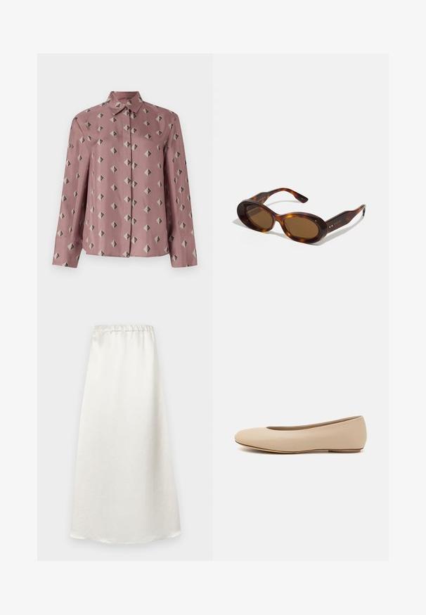 Cămașă cu nasturi dintr-un material roz moale, având un model geometric cu diamante și triunghiuri în nuanțe de gri și negru. Mâneci lungi, guler clasic.; Fustă albă, până la gleznă, dintr-un material fin și ușor, cu un tiv strâns și o finisare texturată subtilă.; Balerini din piele bej, cu vârful rotund, detalii de cusătură minime, toc mic și un logo subtil pe partea din spate. Textură netedă, mată.; Ochelari de soare din scoică cu lentile ovale, nuanță de maro și accente aurii pe brațe. Cadre groase cu un finisaj lucios și o textură netedă.