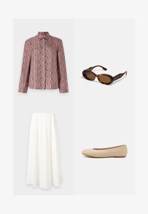 Gombos ing puha rózsaszín anyagból, szürke és fekete, tompa színű gyémánt és háromszög geometriai mintával. Hosszú ujjú, klasszikus gallérral.; Fehér, bokáig érő szoknya könnyű anyagból, gumis derékkal és szélesített szegéllyel, sima textúrával.; Beige bőr balettcipő lekerekített orral, minimális varrás részletekkel, alacsony sarkú és diszkrét logóval a hátsó részen. Simább, matt textúrájú.; Tarka mamuszok, ovális lencsékkel, barna árnyalatban, arany díszítéssel a szárakon. Vastag keret, fényes felülettel és sima textúrával.