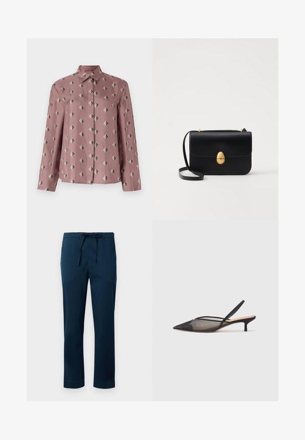 Pogu krekls maigas rozā audumā ar ģeometrisku rakstu, kas sastāv no dimantiem un trijstūriem pelēkā un melnā krāsā. Garas piedurknes, klasiskā apkakle.; Tumši zila viegla auduma bikses ar elastīgu jostu un regulējamu saiti. Gluda auduma, taisnas kāju dizains un apkaklota apakšdaļa.; NEOUS IRENA - Klasiski papēži - black; Melnas ādas rokassomu ar strukturētu taisnstūra formu. Iespējas zelta ovāla slēdzis un plāns plecu siksna. Gluda tekstūra.