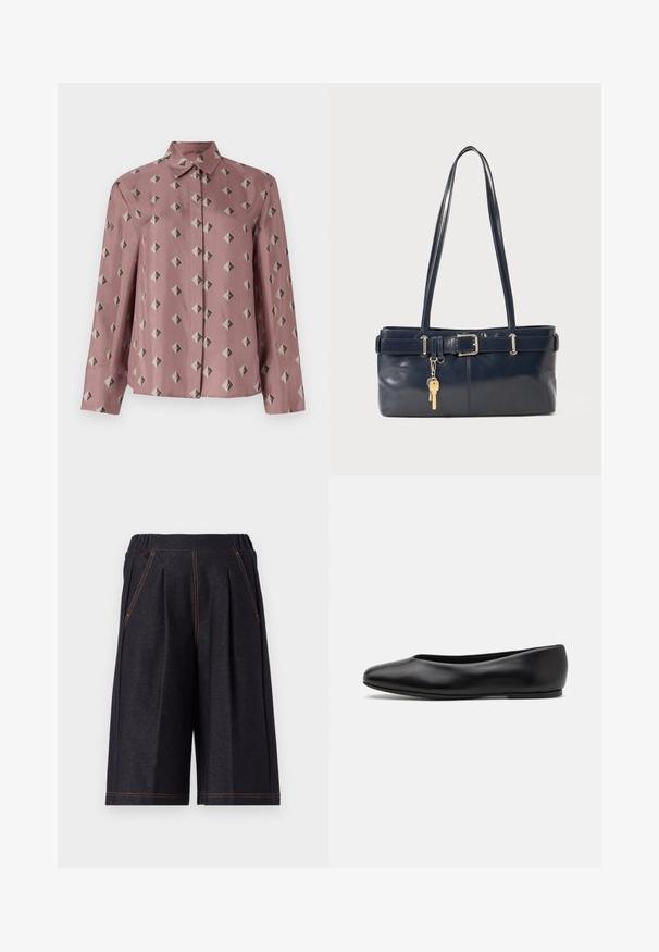 Button-up shirt in soft pink fabric featuring a geometric pattern of diamonds and triangles in muted gray and black. Long sleeves, classic collar.; Dark gray shorts made from soft fabric, featuring pleats and orange stitching accents. Elastic waistband for comfort, knee-length design.; Paul Smith TOPANGA - Ballet pumps - black; Navy leather handbag with two long handles, a buckle detail, and a keychain attached. Features a smooth texture and a rectangular shape.