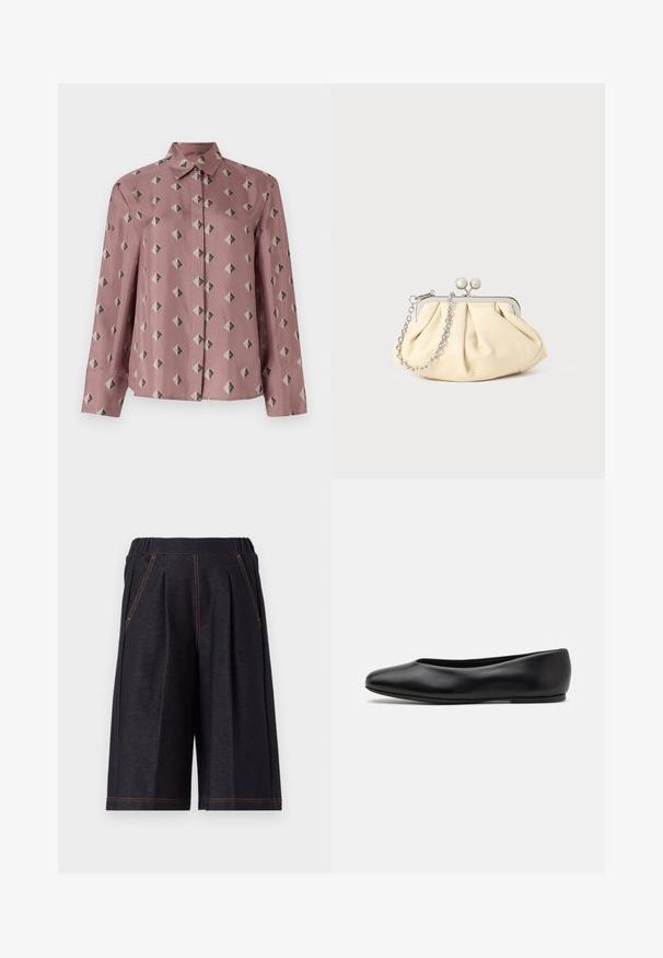 Button-up shirt in soft pink fabric featuring a geometric pattern of diamonds and triangles in muted gray and black. Long sleeves, classic collar.; Dark gray shorts made from soft fabric, featuring pleats and orange stitching accents. Elastic waistband for comfort, knee-length design.; Paul Smith TOPANGA - Ballet pumps - black; Pleated beige leather clutch with a silver metal frame, featuring two round decorative clasps and a silver chain strap.