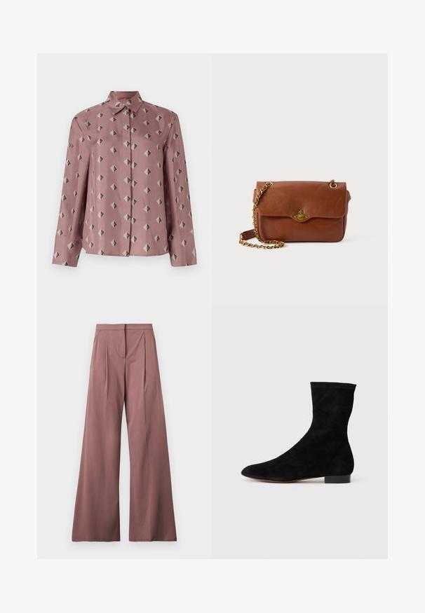 Chemise boutonnée en tissu rose doux, ornée d'un motif géométrique de diamants et de triangles en gris doux et noir. Manches longues, col classique.; Pantalons à jambe large dans une couleur rose douce, fabriqués à partir d'un tissu lisse avec des plis avant et une poche latérale. Design simple et élégant.; Bottine en suede noir avec une tige ajustée, un bout pointu et un petit talon bloc. Texture lisse et design minimaliste, adaptée à un styling polyvalent.; Sac en cuir marron à bandoulière avec une fermeture à rabat, quincaillerie dorée et une anse en chaîne. Texture lisse, forme rectangulaire, détails minimalistes.