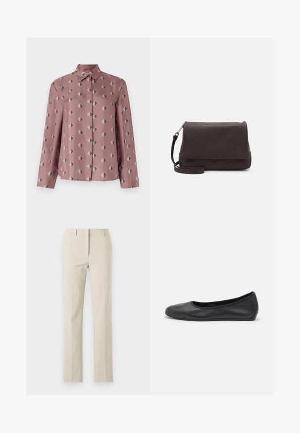 Srajca na gumbe v mehkem roza blagu z geometrijskim vzorcem diamantov in trikotnikov v potisnjenih sivih in črnih tonih. Dolgi rokavi, klasičen ovratnik.; Beige krojene hlače s ravnim sprednjim delom, ravnimi nogami, žepoma za pas in gladko teksturo. Minimalističen dizajn brez vidnih vzorcev.; Črne usnjene balerinke z zaobljenim nosom, gladko teksturo, minimalnimi šivi in fleksibilno zasnovo podplata.; Tiger of Sweden LIMBIATE UNISEX - Torba čez telo - pure decadence