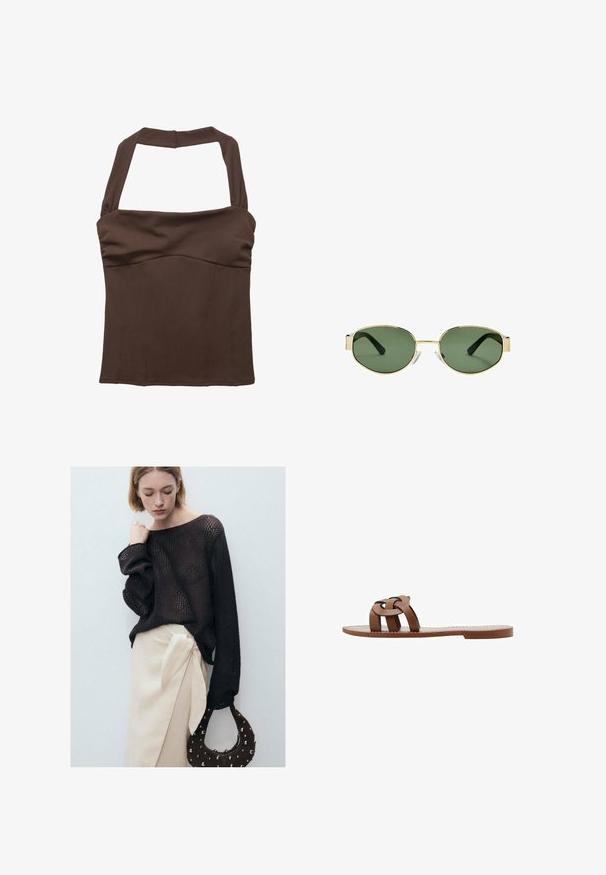 Hnedý top na krk s pevným strihom, ktorý má zhrnutú látku na dekolte a hladkú textúru. Žiadne viditeľné vzory ani ozdoby.; Hnedý pletený sveter s nadrozmernými rukávmi, skombinovaný s béžovou zaviazanou sukňou s bočným viazaním. Doplnky obsahujú okrúhlu hnedú tašku so cvočkami.; Hnedé ploché sandále vyrobené z umelého materiálu s pleteným dizajnom remienkov a hladkou plochou podrážkou. Bez podpätka, minimalistická estetika.; Slnko zlatohnedých kovových rámových okuliarov s zelenými tónovanými sklami, oválnym tvarom, čiernymi stranami a priehľadnými nosnými podložkami. Čistý, minimalistický dizajn.