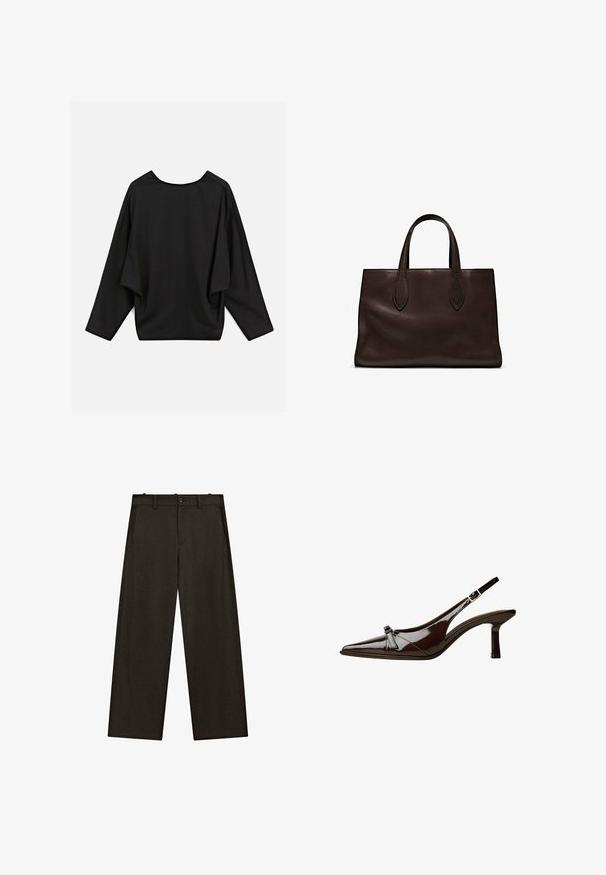 Svart oversized topp med vid hals och sänkta axelsömmar, tillverkad av mjukt tyg med en slät yta och minimala sömnadsdetaljer.; Vida med breda ben tillverkad av mörk tyg, med platt framdel och bälteshällor, två sidofickor och en klassisk knappstängning.; Brun lackläder slingback-sko med spetsig tå, låg klack och en dekorerande rosett på framsidan. Slät, glansig yta.; Brun läder tote-väska med två avlånga handtag, strukturerad rektangulär form, slät textur och subtila sömdetaljer.